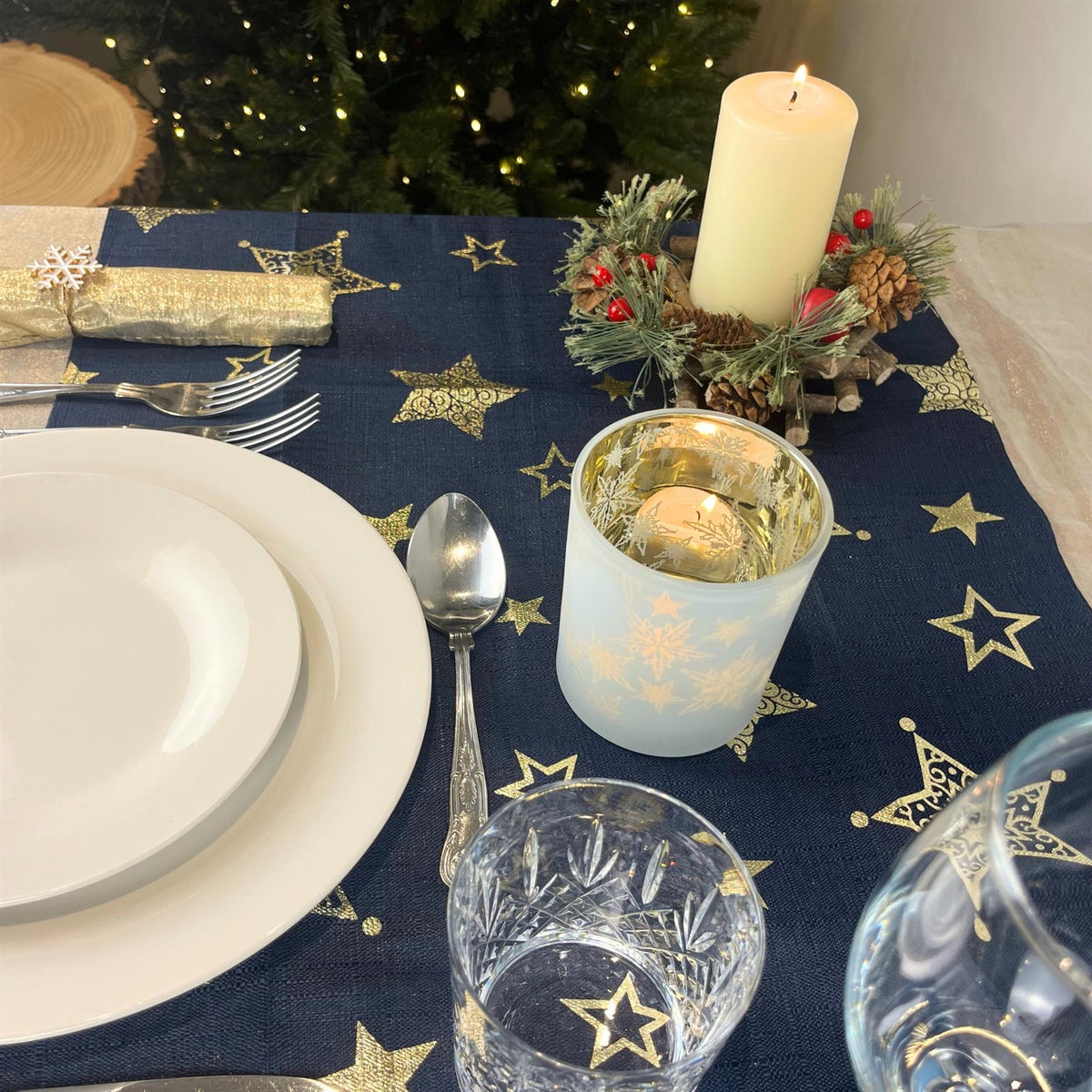 Navy Blue & Gold Table Runner | Fabric Christmas Table Runner - 45x150cm Table Runner - Tophatter Daily Deals