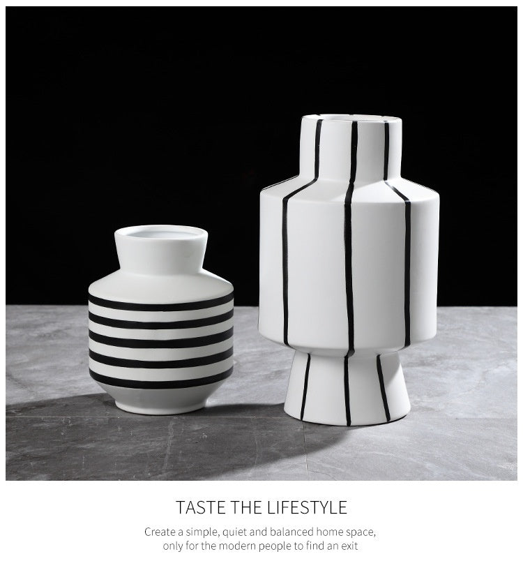 Black And White Striped Ceramic Vase Light Luxury Modern Home 0 - Tophatter Daily Deals