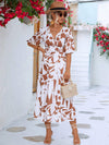 Printed Surplice Balloon Sleeve Dress Brown White Casual Dresses - Tophatter Daily Deals