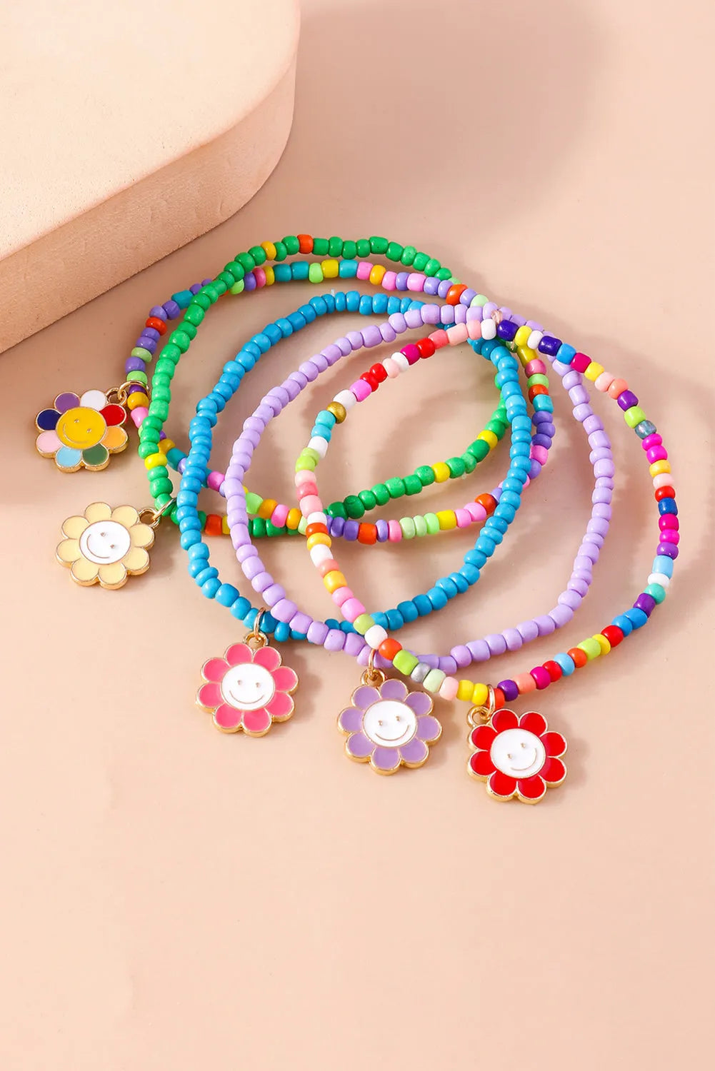 Light Blue 5pcs Smiley Flower Pendant Beaded Bracelet Set Bracelets - Tophatter Daily Deals