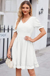 Swiss Dot Frill Trim Flounce Sleeve V-Neck Dress White Casual Dresses - Tophatter Daily Deals