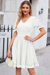 Swiss Dot Frill Trim Flounce Sleeve V-Neck Dress White Casual Dresses - Tophatter Daily Deals