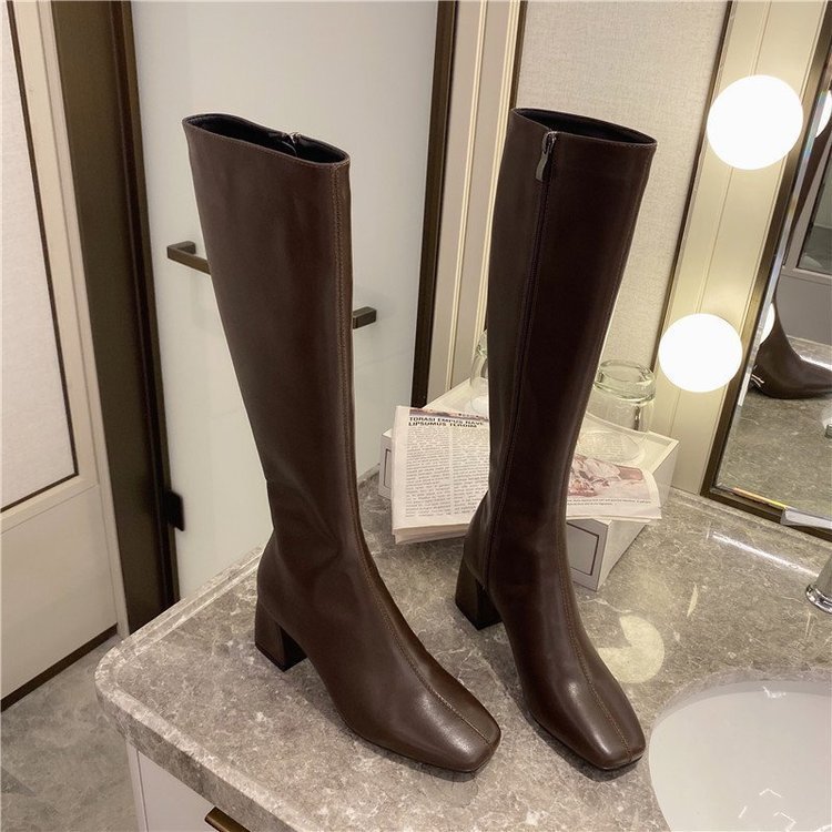 But Women's Knee Side Zipper Square Toe Boots Brown 0 - Tophatter Daily Deals