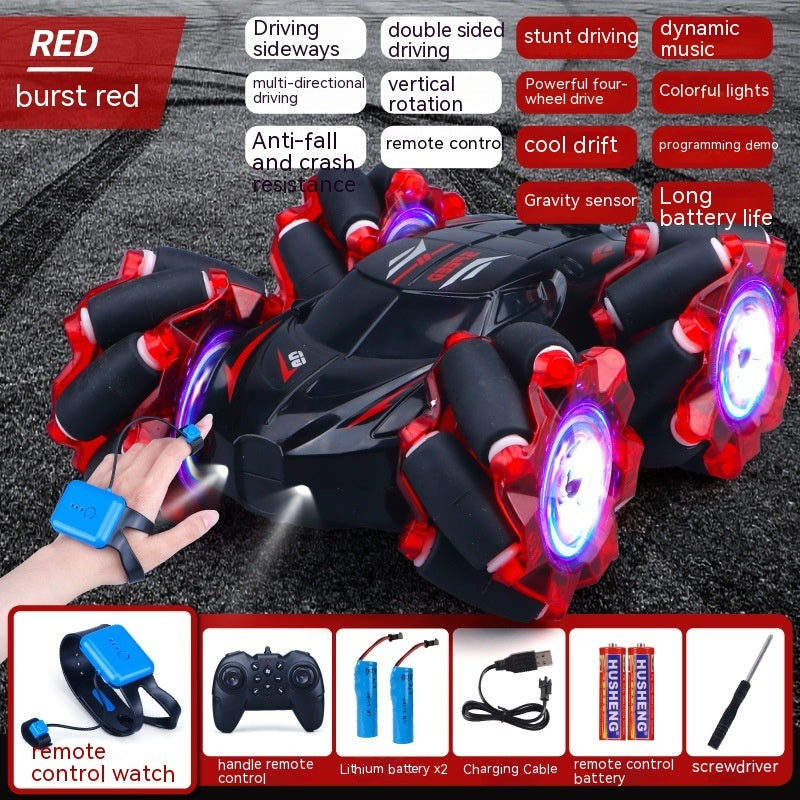 24G High-speed Wireless Remote Control Car Light Music Four-wheel Drive Double-sided Driving Flip Rotating Drift Car Stunt Car Red Dual remote control 2PC Battery 0 - Tophatter Daily Deals