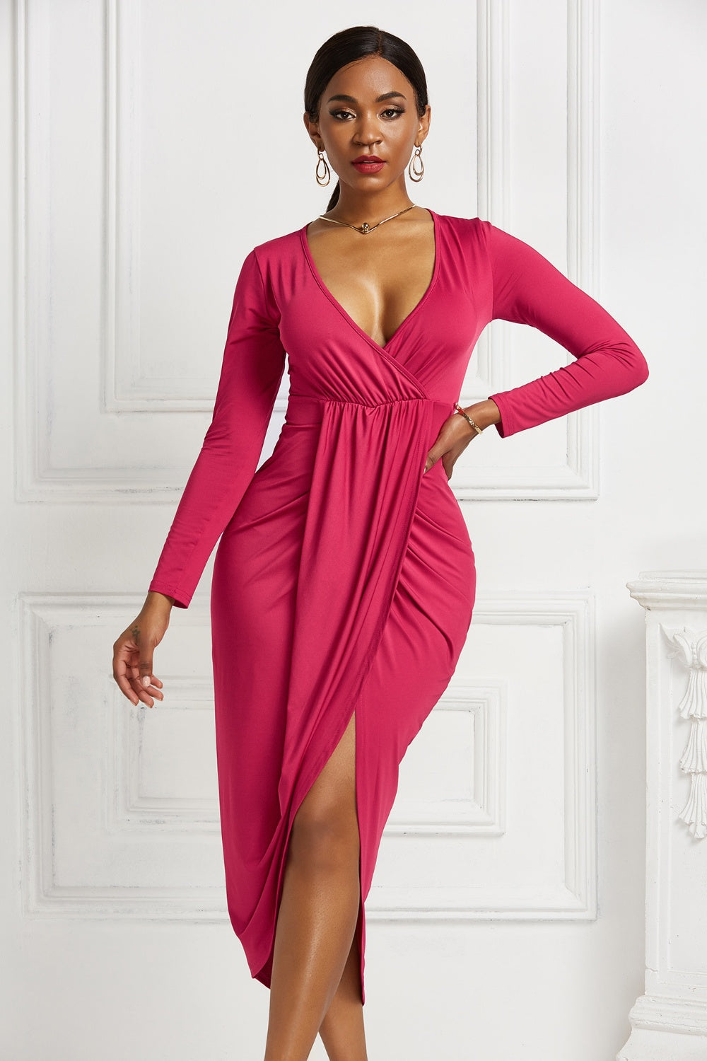 High-low Ruched Surplice Long Sleeve Dress - Tophatter Deals