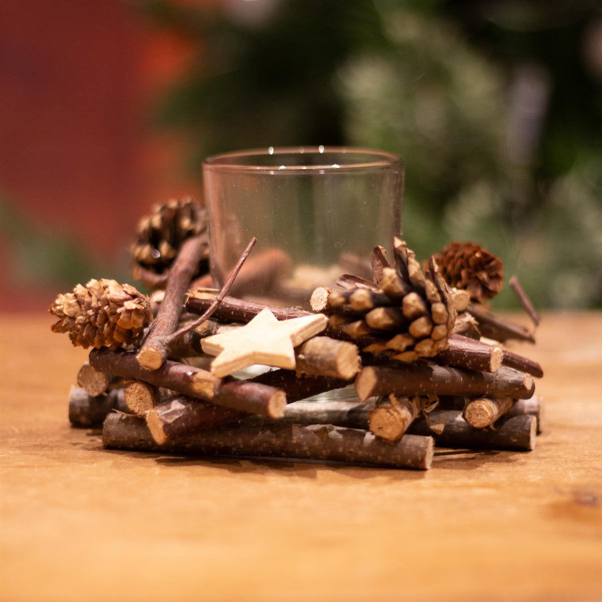 Rustic Wooden Glass Festive Christmas Tealight Candle Holder Decoration Centerpiece Candle Holder - Tophatter Daily Deals