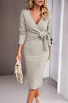 Surplice Neck Tied Ribbed Dress Beige Casual Dresses - Tophatter Daily Deals