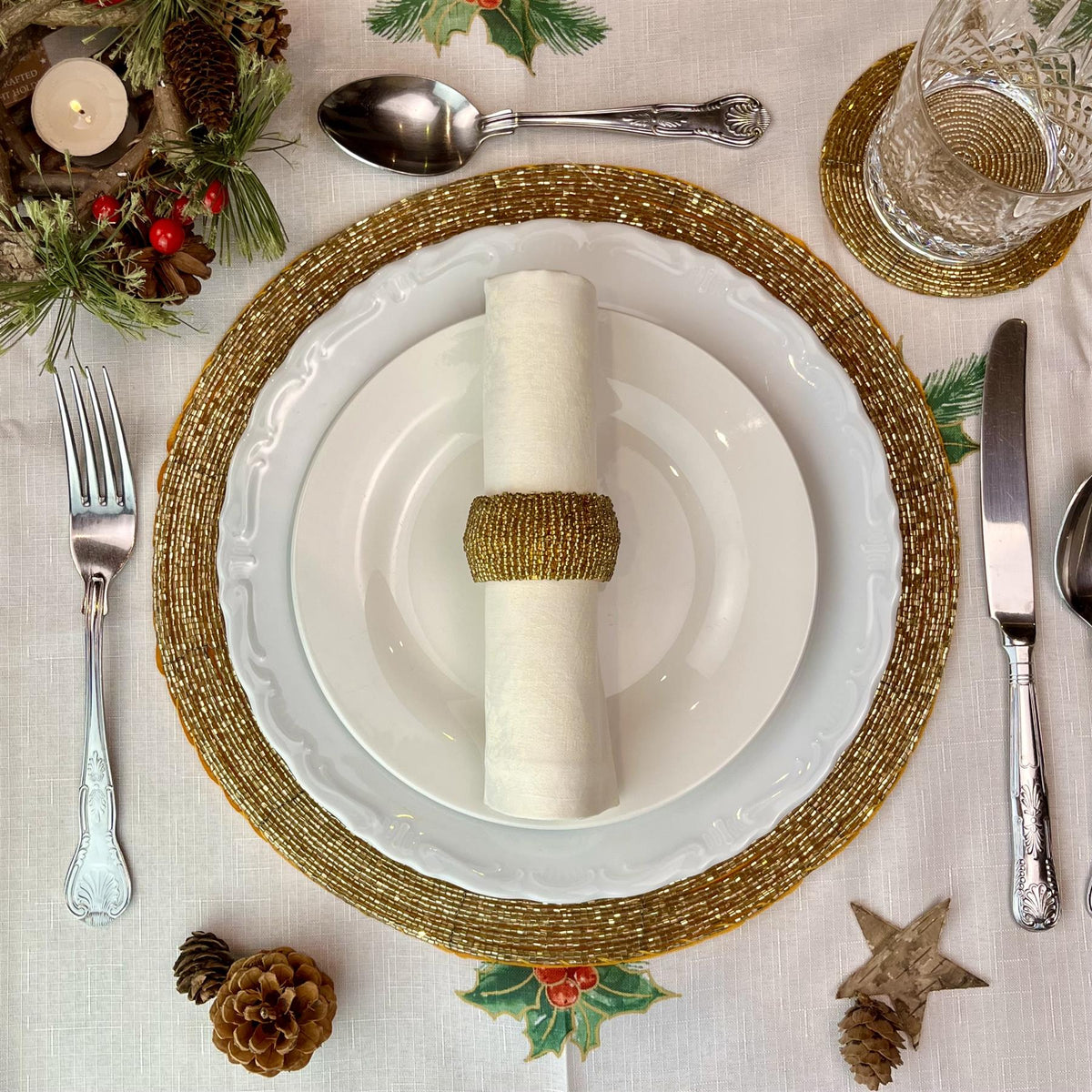 Round Gold Furniture Dining Table Woven Glass Bead Placemat 30cm Placemat - Tophatter Daily Deals
