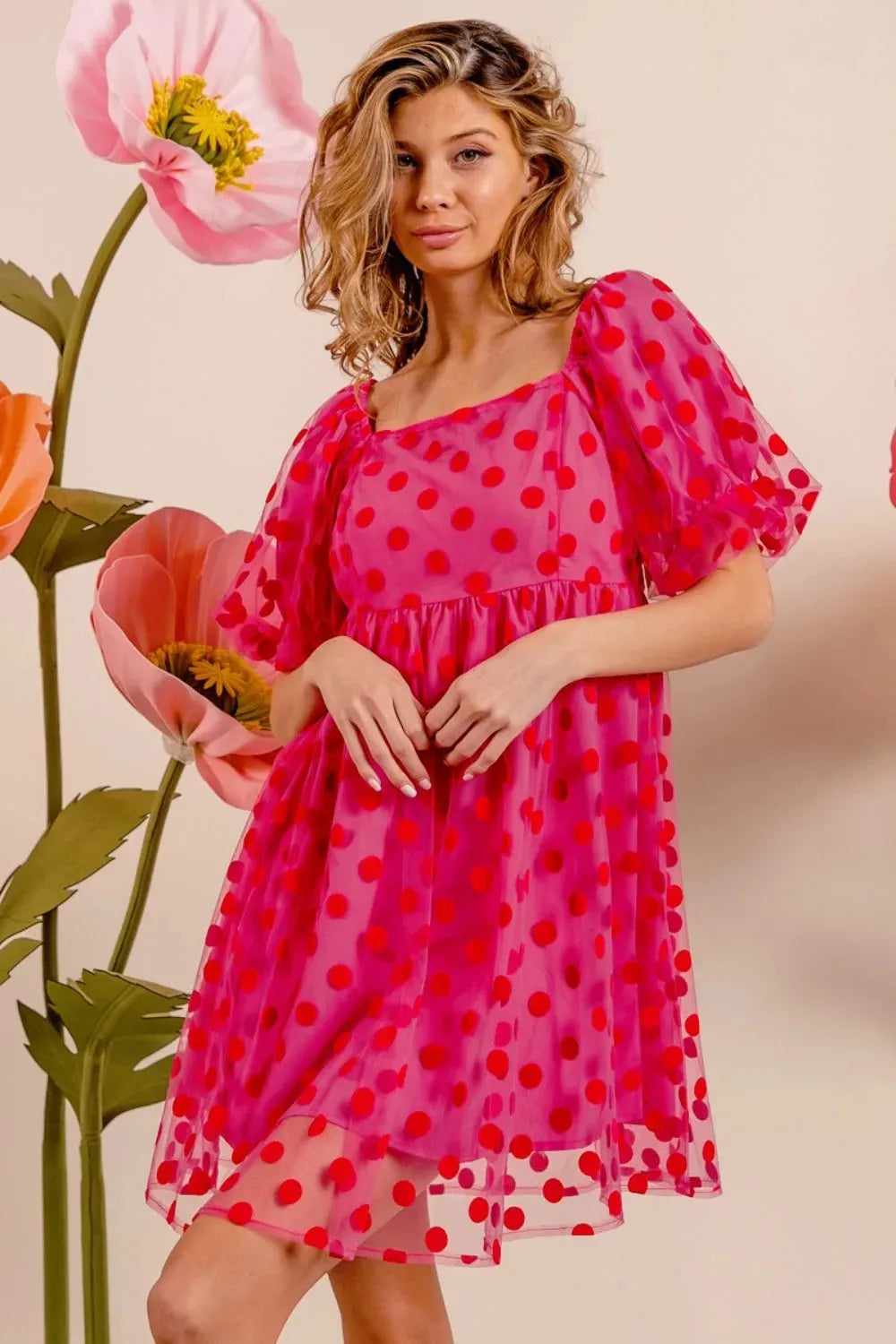 BiBi Polka Dot Mesh Puff Sleeve Dress Casual Dresses - Tophatter Daily Deals