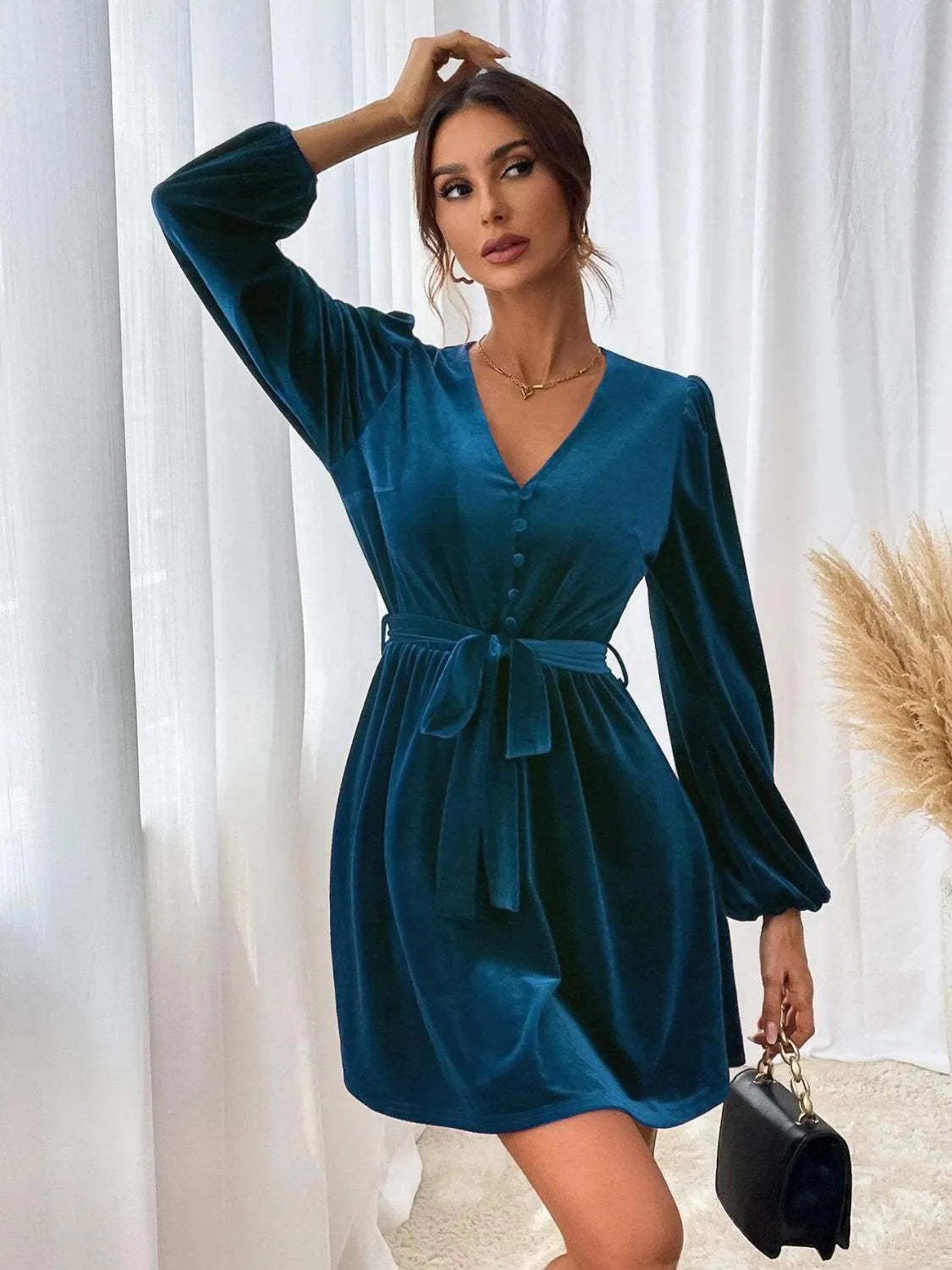 V-Neck Tie Waist Mini Dress Cocktail Dresses - Tophatter Daily Deals