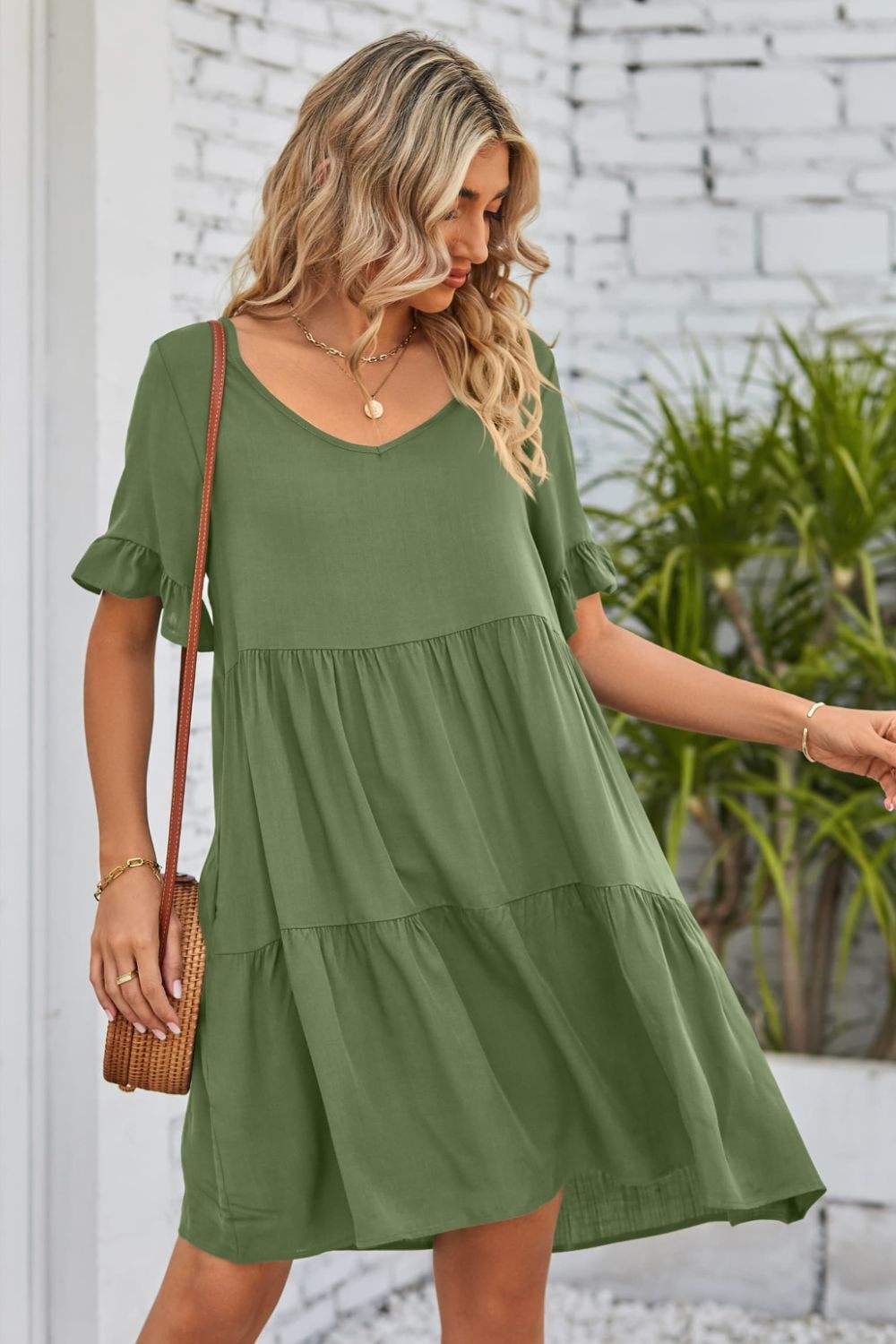 V-Neck Flounce Sleeve Tiered Dress Casual Dresses - Tophatter Daily Deals