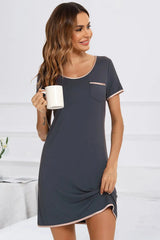 Contrast Trim Pocketed Round Neck Lounge Dress Charcoal Sleep Dresses - Tophatter Daily Deals