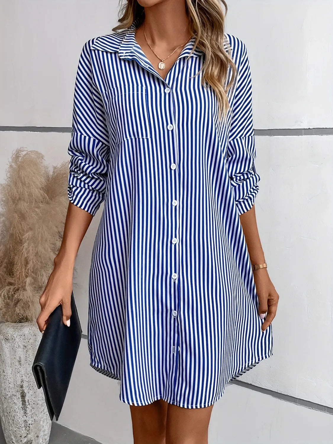 Striped Button Up Long Sleeve Mini Shirt Dress Casual Dresses - Tophatter Daily Deals