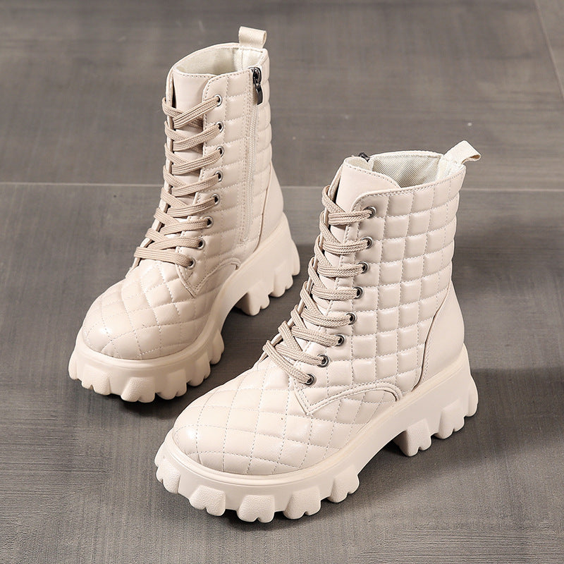 Autumn And Winter Lace Up Plus Size Handsome Thick Soled Motorcycle Boots Apricot 0 - Tophatter Daily Deals