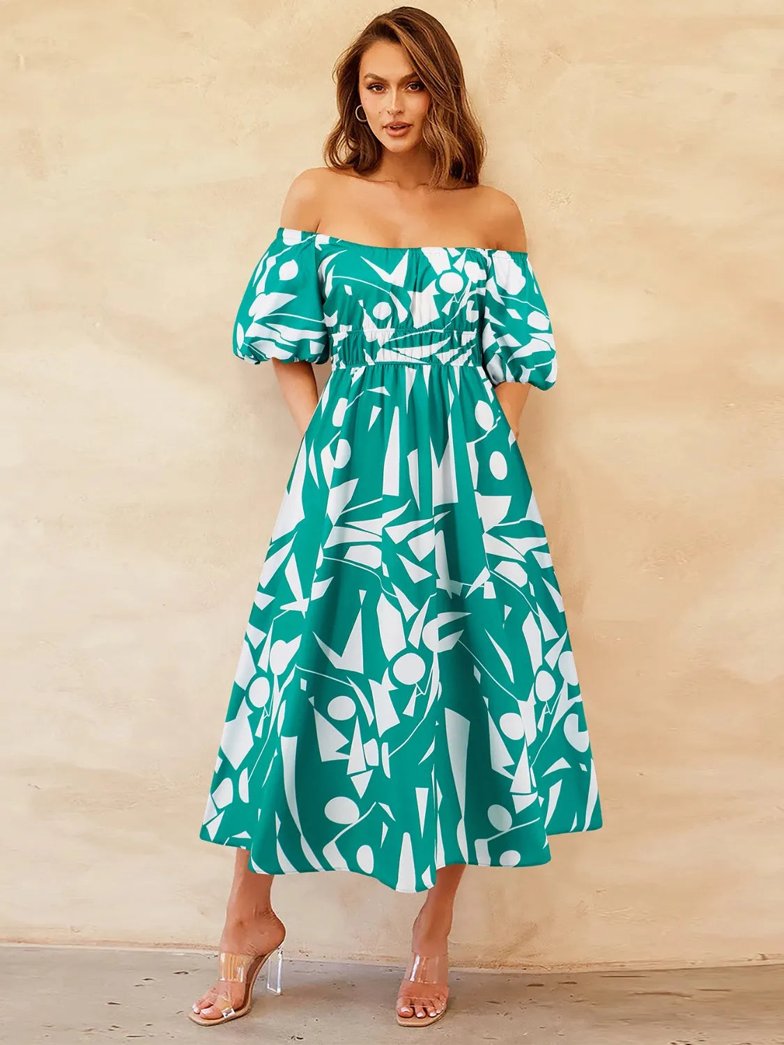 Printed Off-Shoulder Balloon Sleeve Dress Casual Dresses - Tophatter Daily Deals