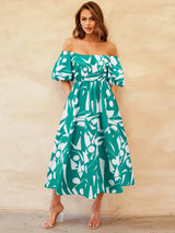 Printed Off-Shoulder Balloon Sleeve Dress Casual Dresses - Tophatter Daily Deals