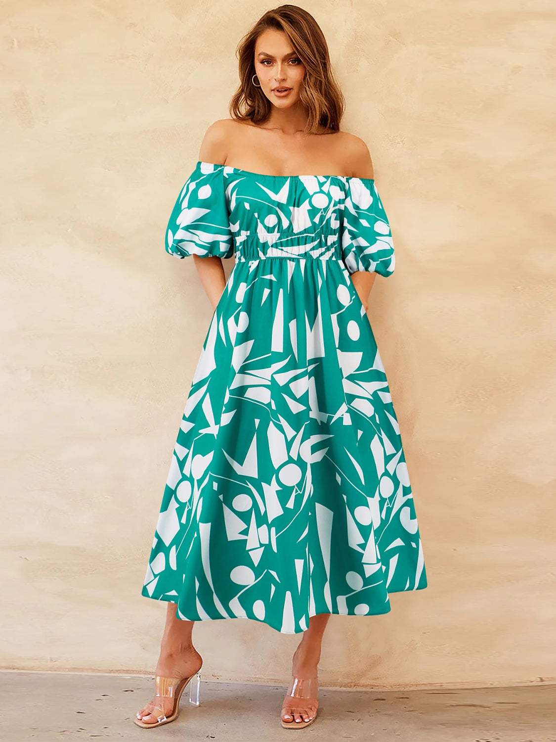 Printed Off-Shoulder Balloon Sleeve Dress Turquoise Casual Dresses - Tophatter Daily Deals