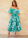 Printed Off-Shoulder Balloon Sleeve Dress Turquoise Casual Dresses - Tophatter Daily Deals