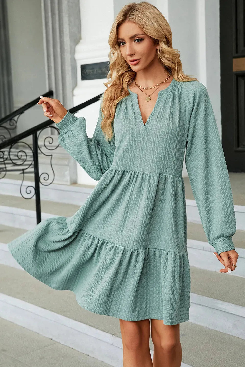 Ruched Notched Long Sleeve Mini Dress Casual Dresses - Tophatter Daily Deals