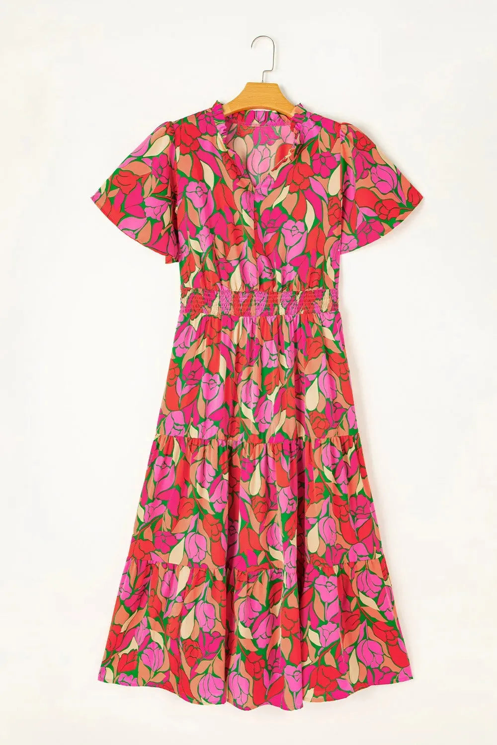 Frill Printed Notched Short Sleeve Midi Dress Casual Dresses - Tophatter Daily Deals