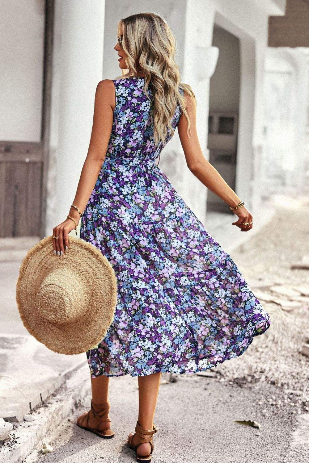 Floral Belted Surplice Sleeveless Tiered Dress Casual Dresses - Tophatter Daily Deals