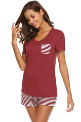 Striped Short Sleeve Top and Shorts Lounge Set Loungewear Sets - Tophatter Daily Deals