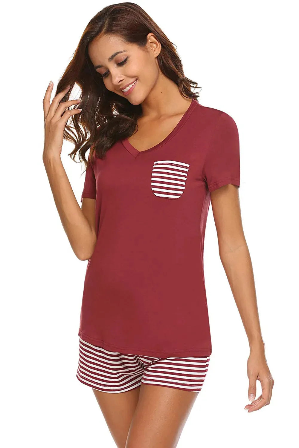 Striped Short Sleeve Top and Shorts Lounge Set Loungewear Sets - Tophatter Daily Deals