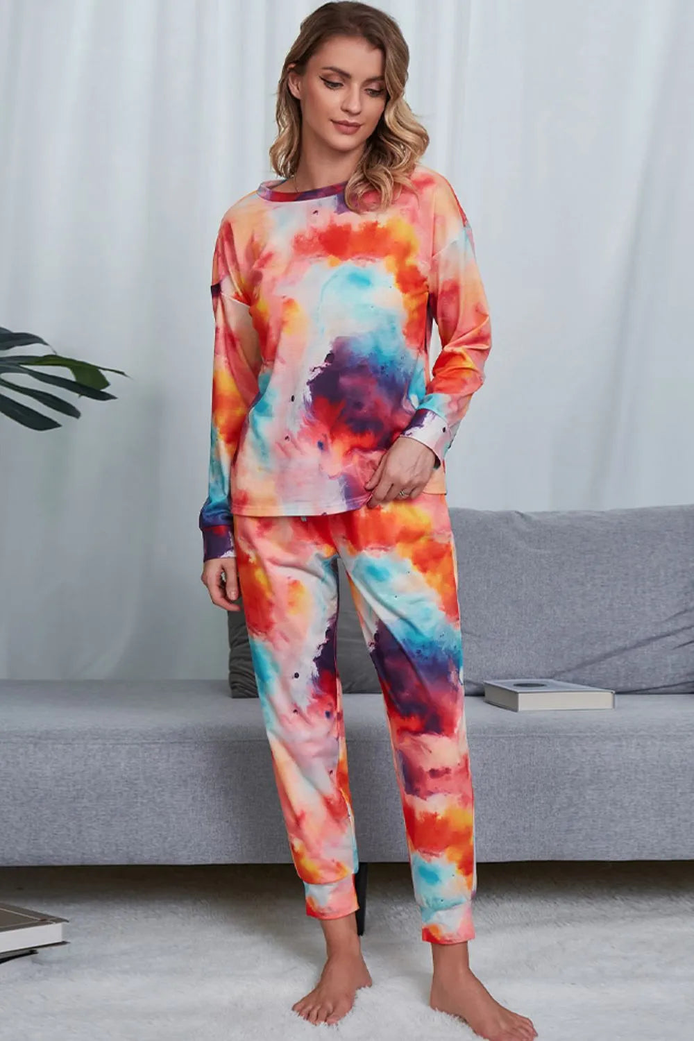 Tie-Dye Crewneck Top and Drawstring Waist Joggers Lounge Set Loungewear Sets - Tophatter Daily Deals