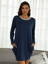 Contrast Round Neck Long Sleeve Lounge Dress Sleep Dresses - Tophatter Daily Deals
