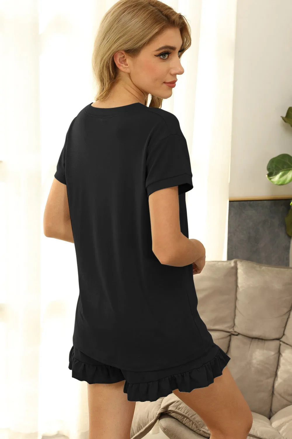 V-Neck Short Sleeve Top and Drawstring Shorts Lounge Set Loungewear Sets - Tophatter Daily Deals