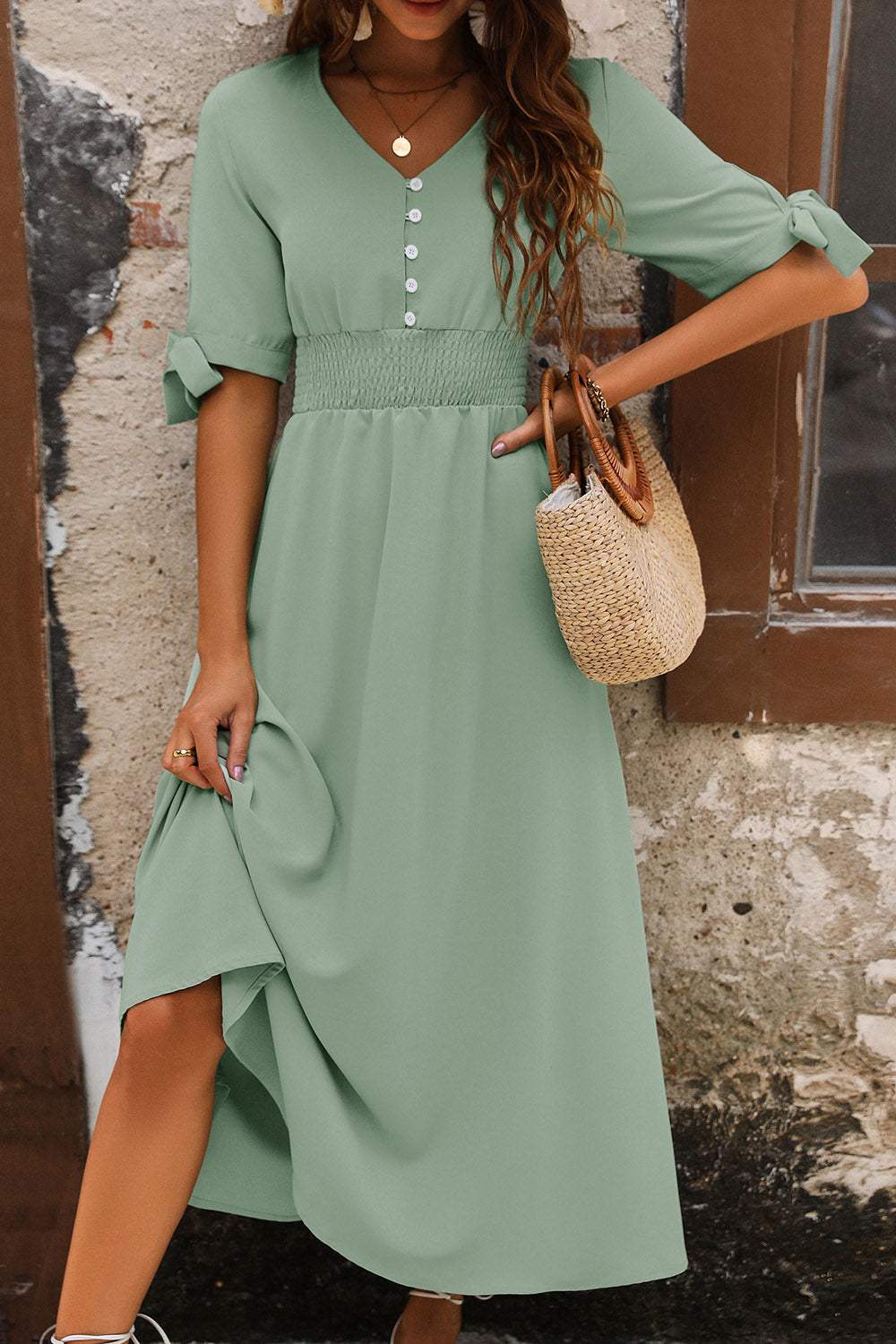 Smocked Quarter Button Short Sleeve Dress Casual Dresses - Tophatter Daily Deals