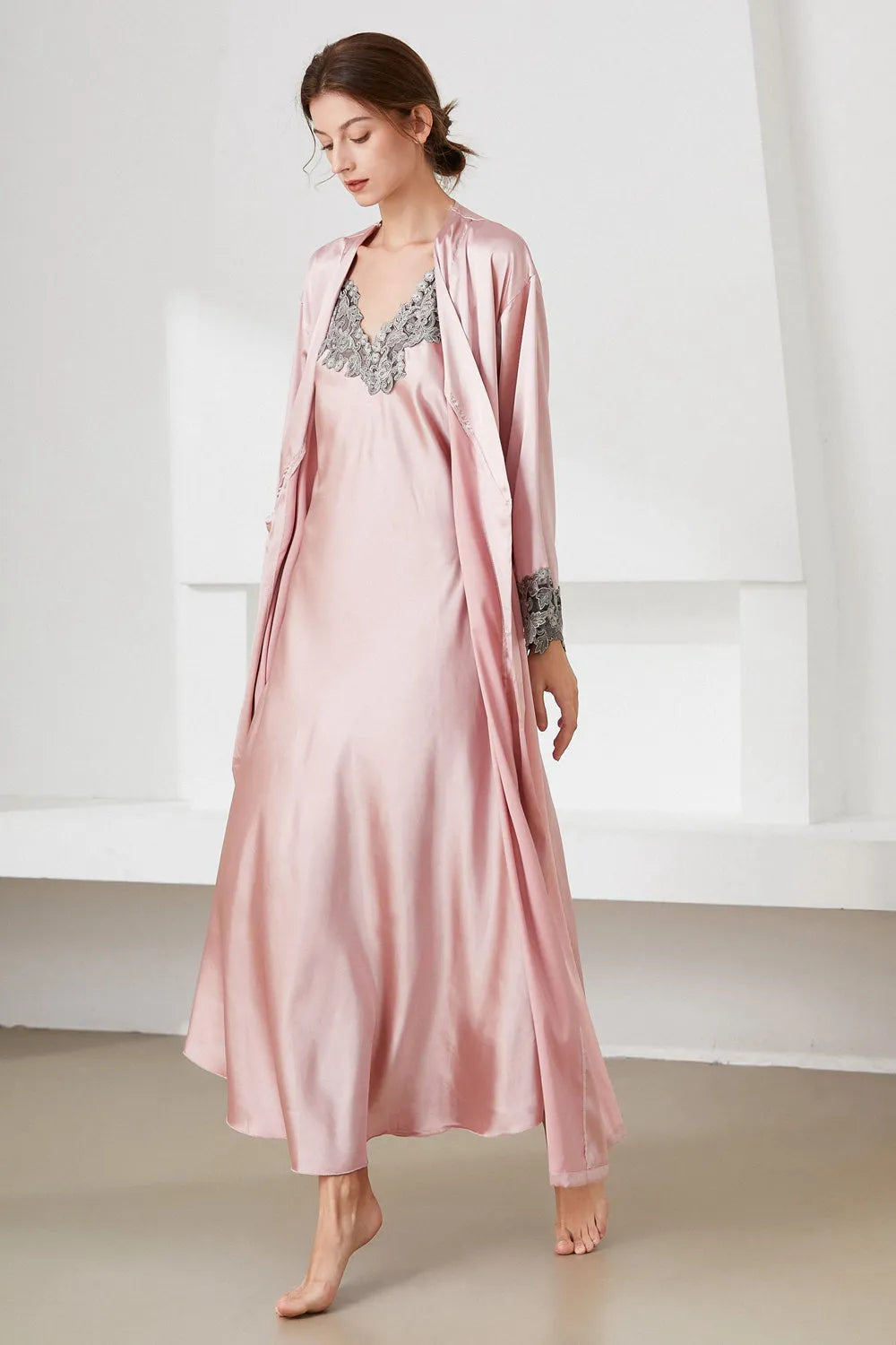 Contrast Lace Trim Satin Night Dress and Robe Set Loungewear Sets - Tophatter Daily Deals