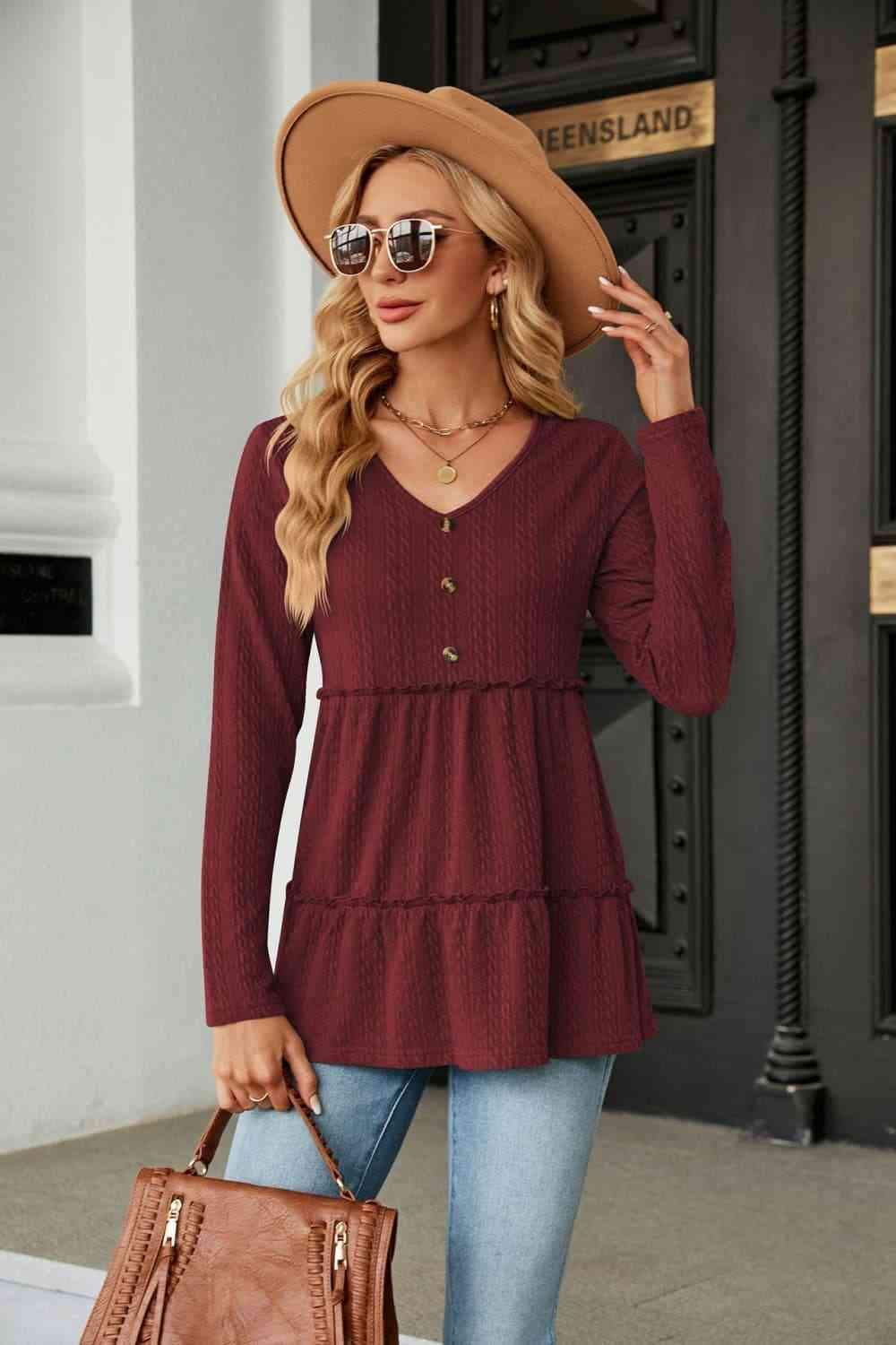 Long Sleeve V-Neck Cable-Knit Blouse Wine Blouses - Tophatter Daily Deals