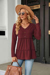 Long Sleeve V-Neck Cable-Knit Blouse Wine Blouses - Tophatter Daily Deals