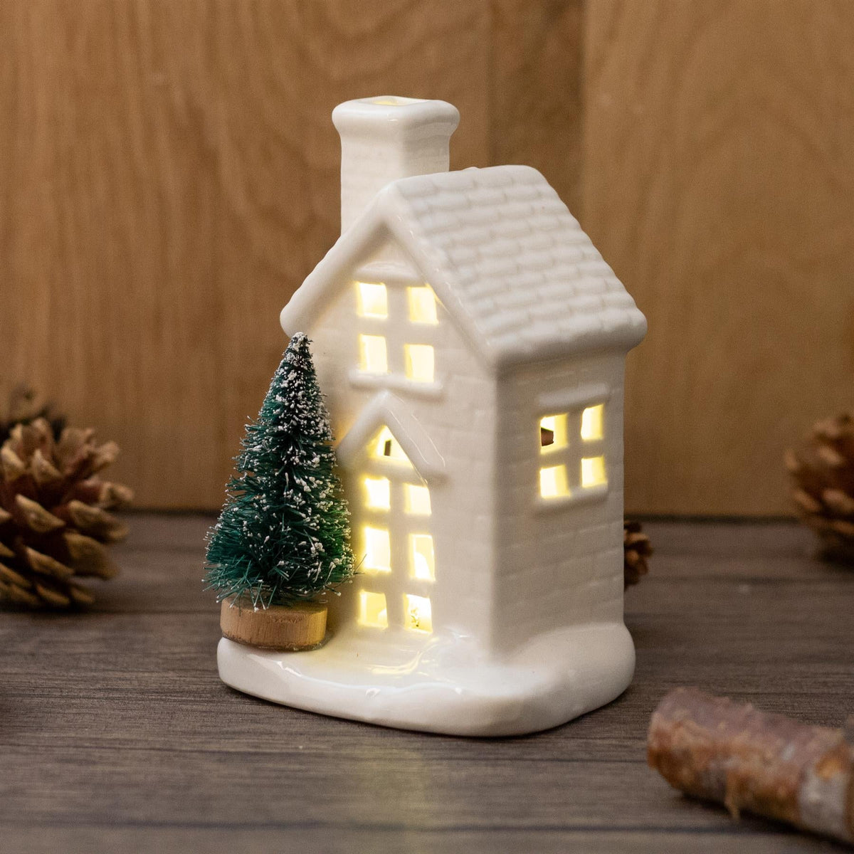 Mini White Ceramic LED Christmas House with Trees Ornament | Light up Decoration Ornament - Tophatter Daily Deals