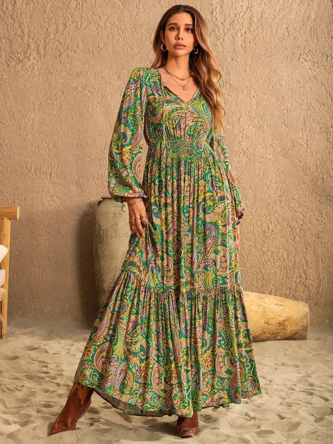 Printed Tie Neck Long Sleeve Dress Casual Dresses - Tophatter Daily Deals
