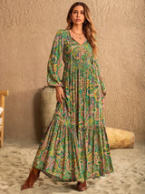 Printed Tie Neck Long Sleeve Dress Casual Dresses - Tophatter Daily Deals