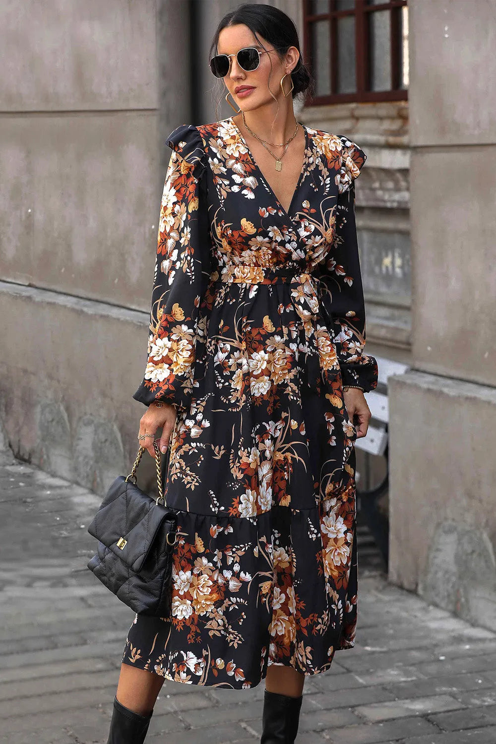 Floral Surplice Tie Front Ruffle Hem Midi Dress Casual Dresses - Tophatter Daily Deals