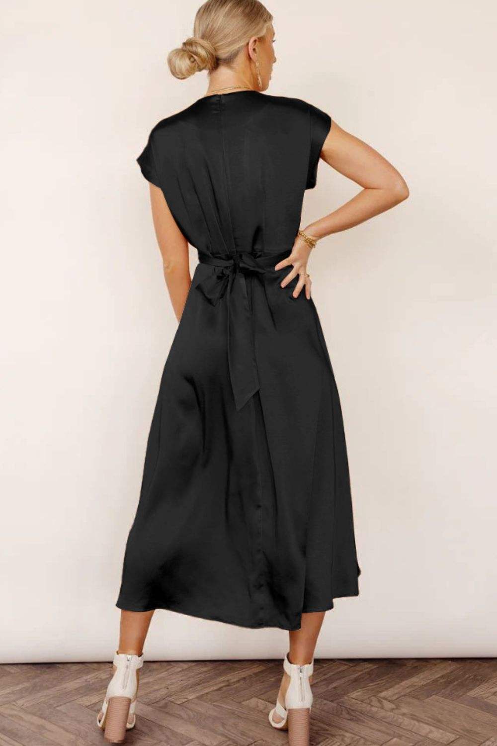 Satin Cap Sleeve Tie Back Midi Dress Casual Dresses - Tophatter Daily Deals