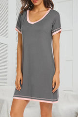 Contrast Trim Short Sleeve Lounge Dress Charcoal Sleep Dresses - Tophatter Daily Deals