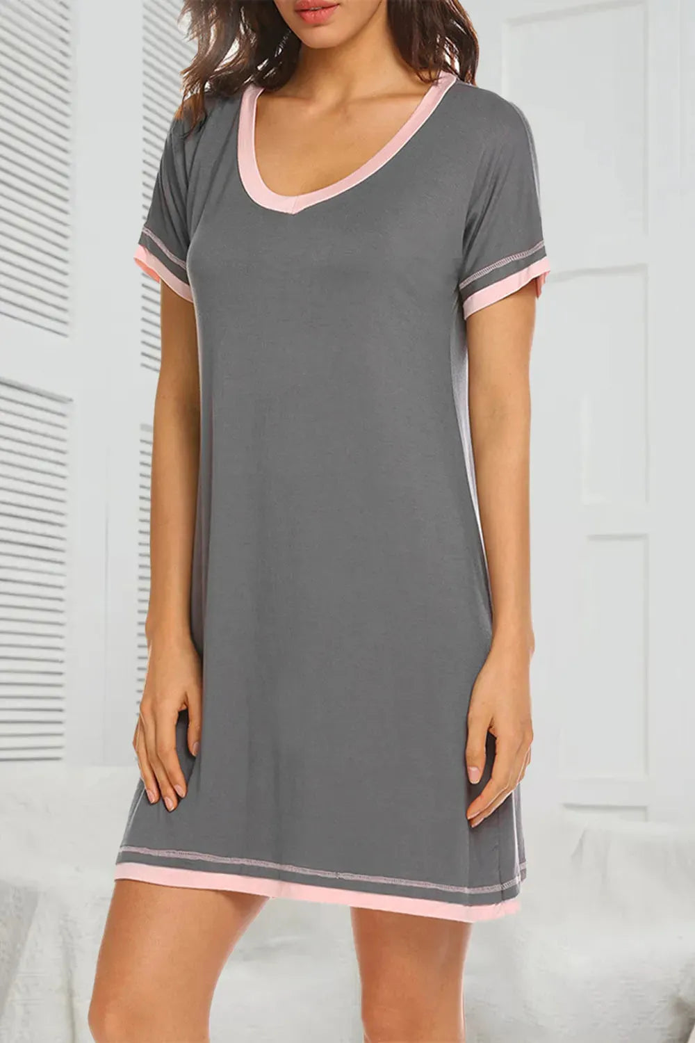 Contrast Trim Short Sleeve Lounge Dress Charcoal Sleep Dresses - Tophatter Daily Deals