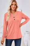 Notched Button Detail Long Sleeve T-Shirt Coral Women's T-Shirts - Tophatter Daily Deals