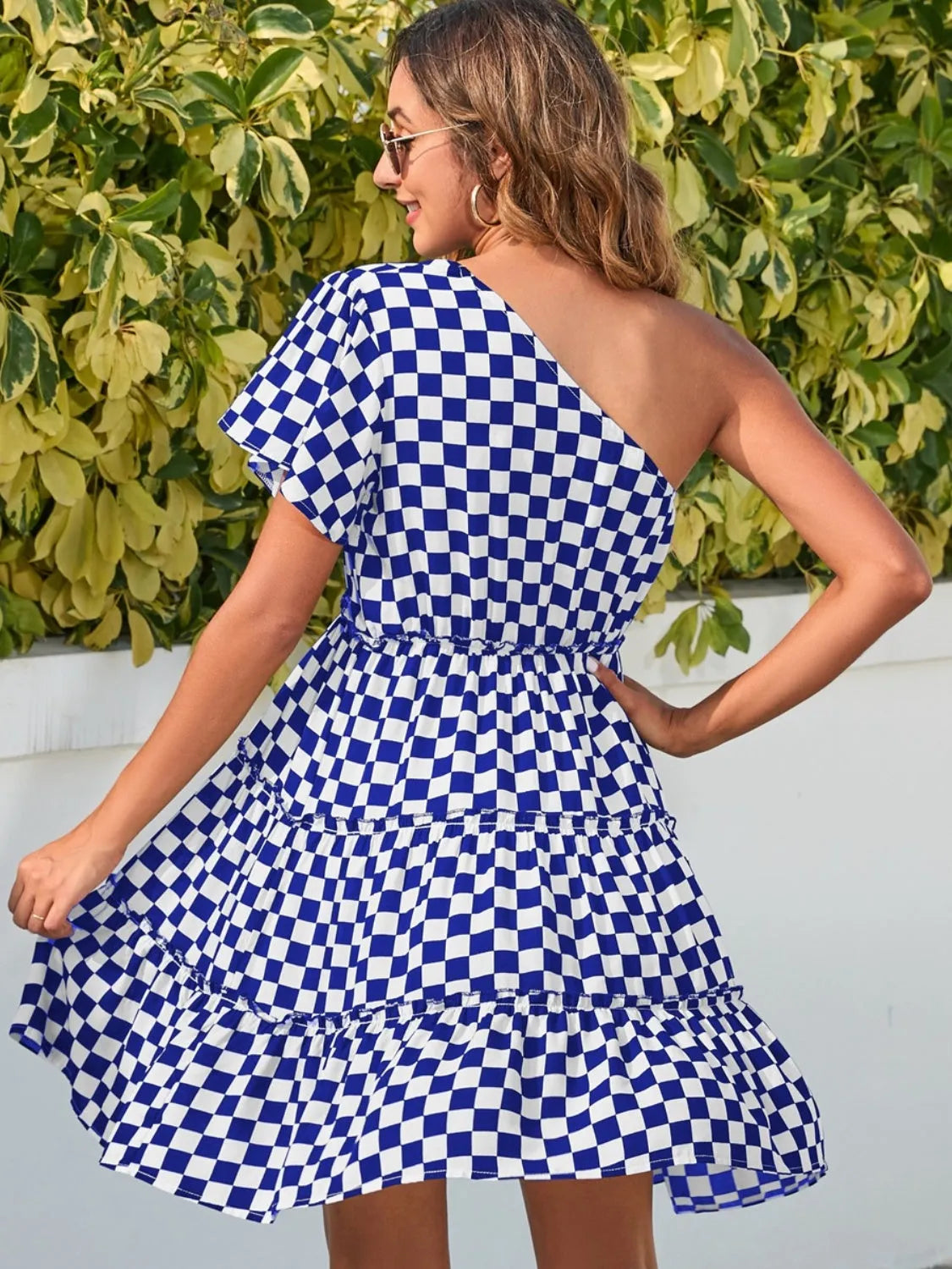 Checkered Single Shoulder Mini Dress Navy Casual Dresses - Tophatter Daily Deals