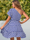 Checkered Single Shoulder Mini Dress Navy Casual Dresses - Tophatter Daily Deals