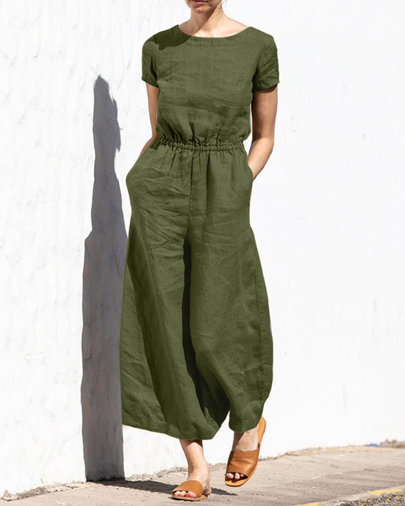 Cotton Linen Wide Leg Jumpsuit Army Green Jumpsuits & Rompers - Tophatter Daily Deals