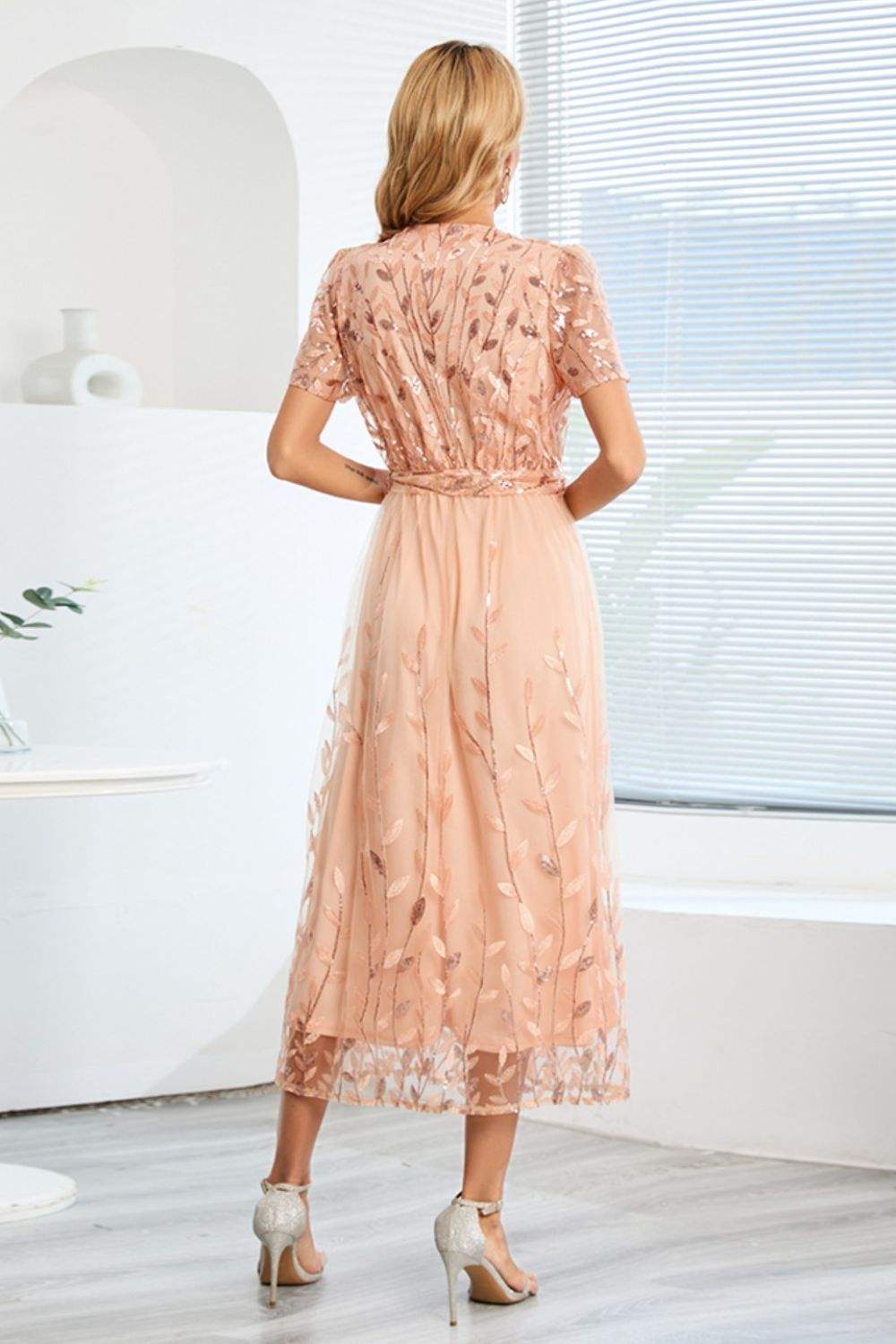 Sequin Leaf Embroidery Tie Front Short Sleeve Dress Cocktail Dresses - Tophatter Daily Deals