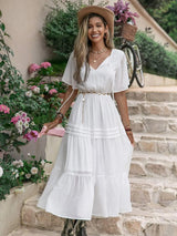 Tie Neck Short Sleeve Ruffle Hem Dress White Casual Dresses - Tophatter Daily Deals