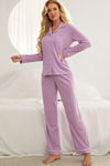 Contrast Piping Button Down Top and Pants Loungewear Set Loungewear Sets - Tophatter Daily Deals