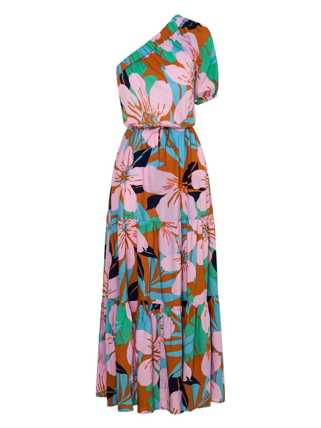 Printed One Shoulder Puff Sleeve Dress Casual Dresses - Tophatter Daily Deals