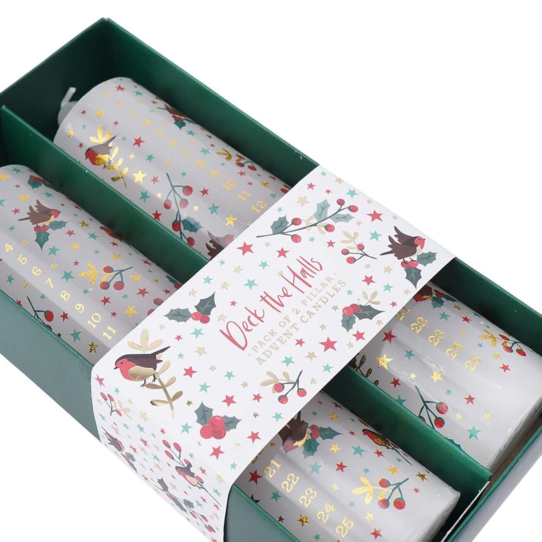 Set of 2 Deck The Halls Christmas Advent Candles | Christmas Pillar Candles Advent Candle - Tophatter Daily Deals